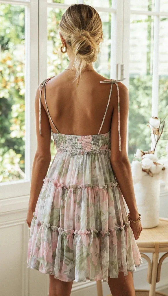 Floral Chiffon Spaghetti Strap Mini Dress - Backless Bow Vacation Dress for Women