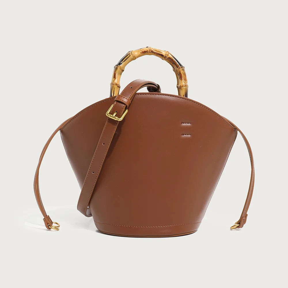Women's Genuine Leather Tote Bag - Round Wooden Handles Minimalist Shoulder Bag
