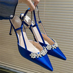 Satin Rhinestone Flower Heeled Sandals - Pointed Toe Stiletto for Women