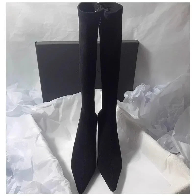 Pointed Toe Knee-High Boots - Square Heel Side Zip Suede Boots for Women