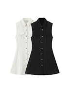 Women's Button-Front Lapel Mini Dress - Sleeveless A-Line Casual Dress
