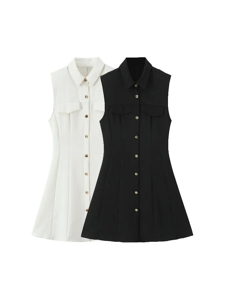 Women's Button-Front Lapel Mini Dress - Sleeveless A-Line Casual Dress