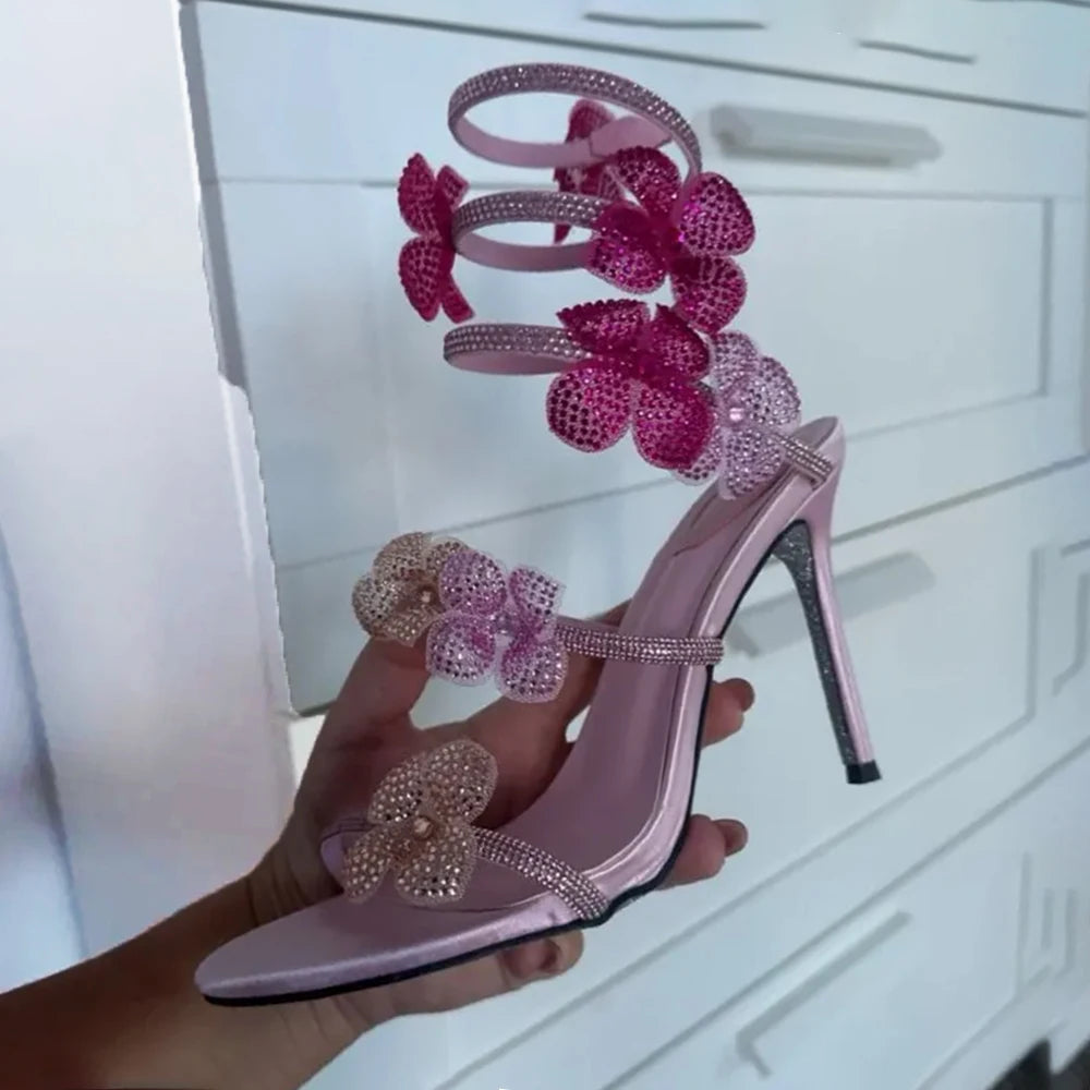 Aneikeh Luxury Designer Pink Flower Rhinestone High Heels Sandals Shoe Sexy Wrap Strap Open Toe Stripper Prom Party Ladies Shoes
