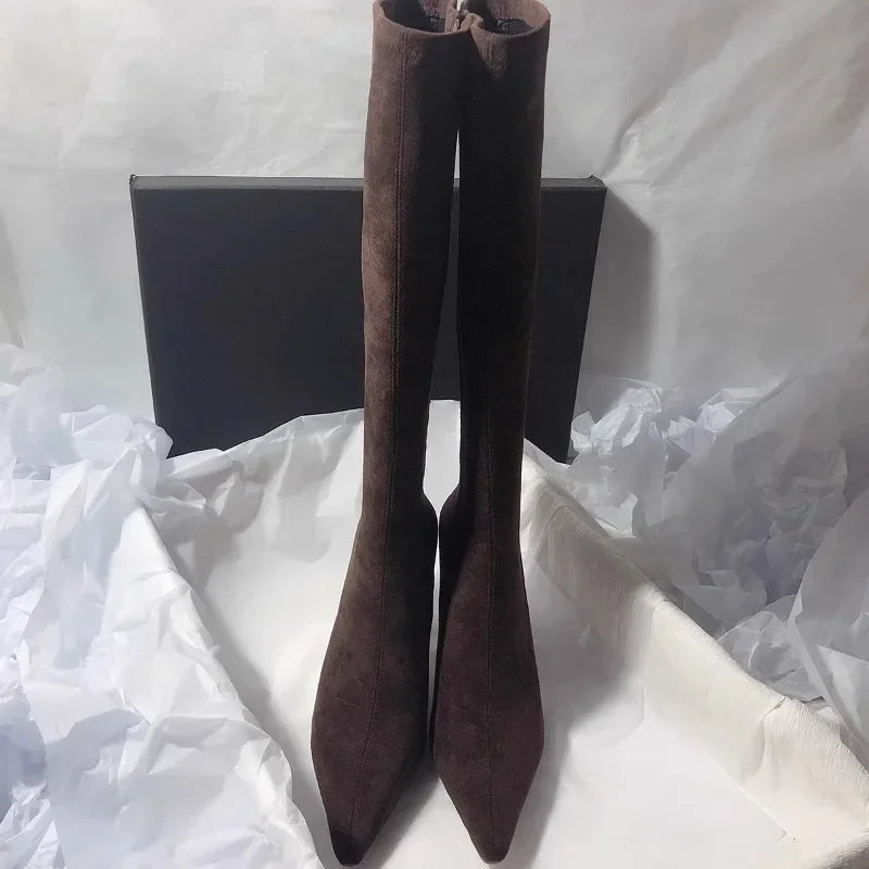 Pointed Toe Knee-High Boots - Square Heel Side Zip Suede Boots for Women