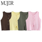 Knit Cropped Vest - Sleeveless Button Sweater Vest for Women