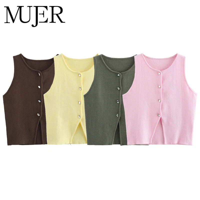 Knit Cropped Vest - Sleeveless Button Sweater Vest for Women