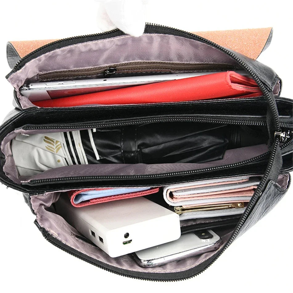 Women's 3-Layer Genuine Leather Shoulder Bag - Crossbody Messenger Purse