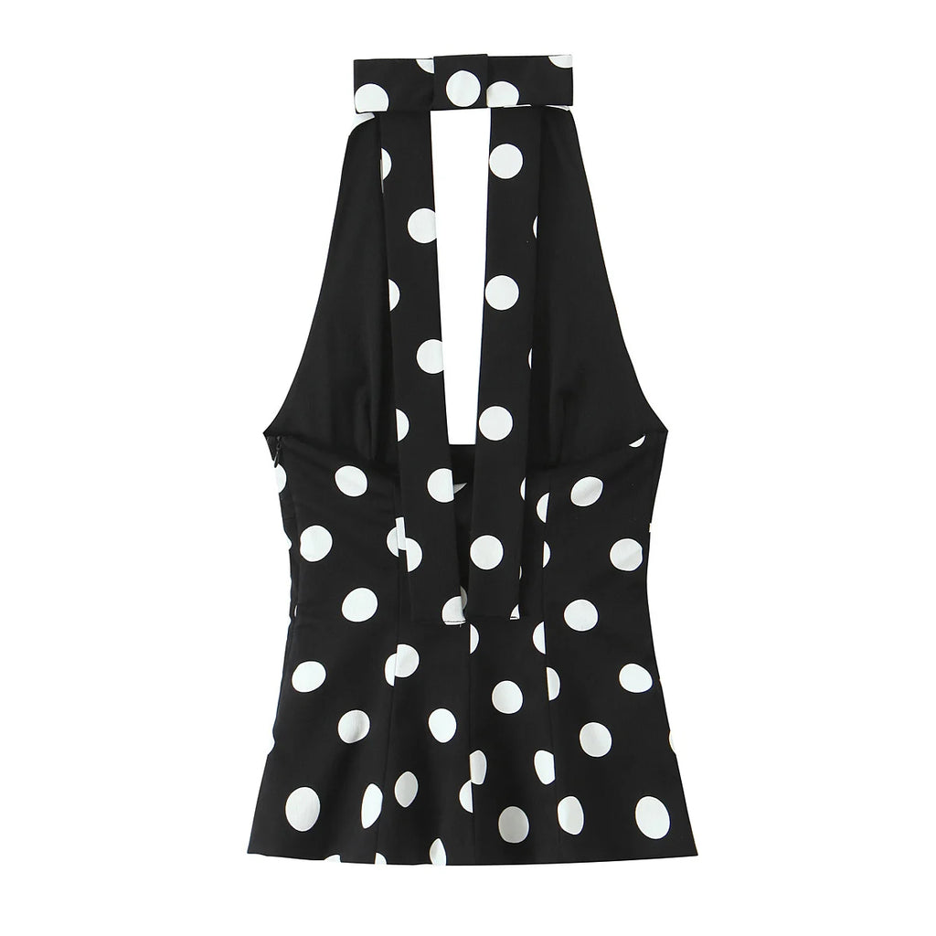 Women's Polka Dot Halter Top - Backless Bow Neck Sleeveless Tank