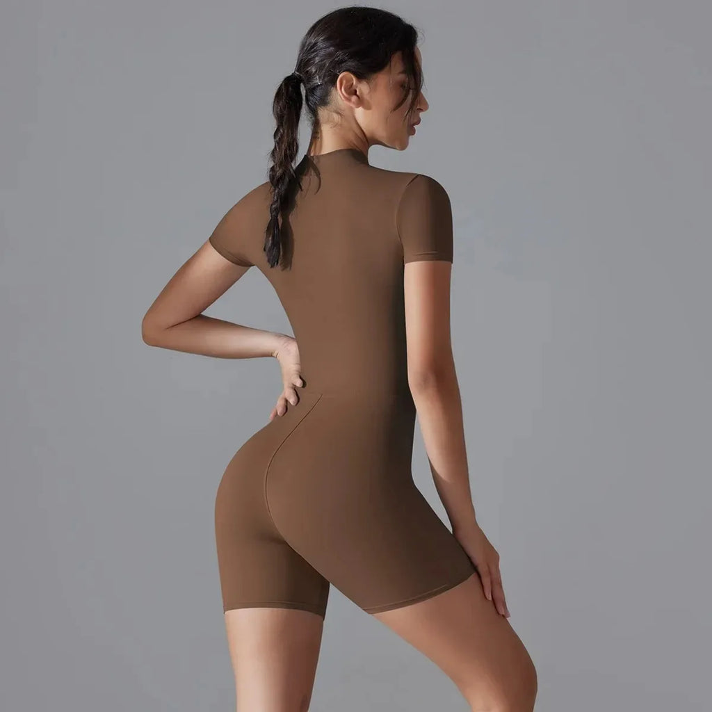 Yoga suit women's jumpsuit summer zipper short sleeved shorts yoga jumpsuit women's dance fitness tight fitting sports jumpsuit