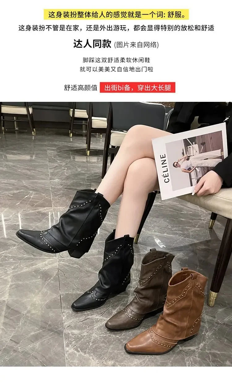 Retro Western Cowboy Boots - Pointed Toe Block Heel Mid-Calf Boots for Women