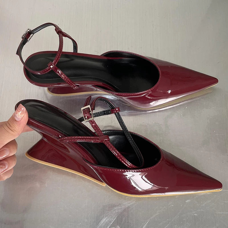 Sculptural Heel Pointed Toe Pumps - Buckle Strap Fashion Heels for Women