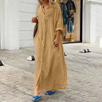 Women's Cotton Linen Maxi Dress - Loose Button Casual Dress