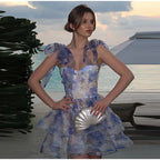 Women's Printed Floral Puffy Mini Dress - Halter Backless Layered Party Dress