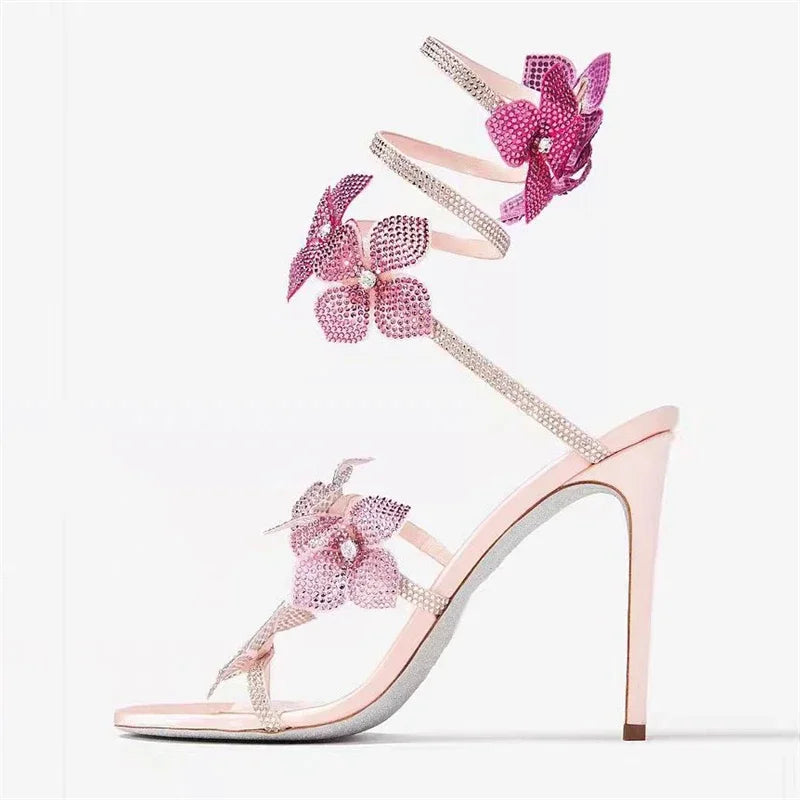Aneikeh Luxury Designer Pink Flower Rhinestone High Heels Sandals Shoe Sexy Wrap Strap Open Toe Stripper Prom Party Ladies Shoes
