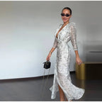 Women's Printed V-Neck Pleated Midi Dress - Half Sleeve Empire Waist Holiday Dress