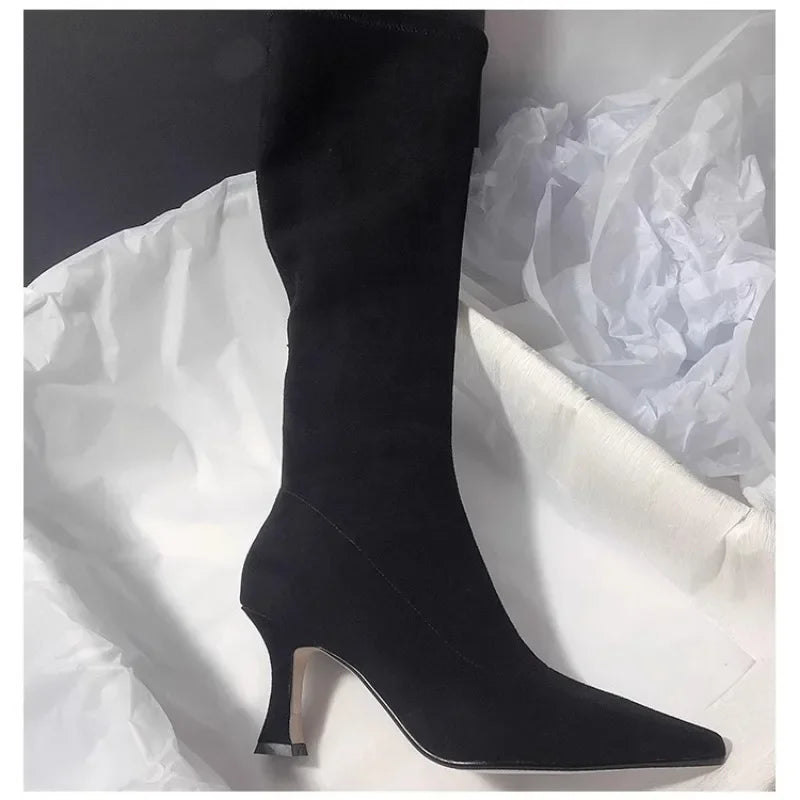 Pointed Toe Knee-High Boots - Square Heel Side Zip Suede Boots for Women