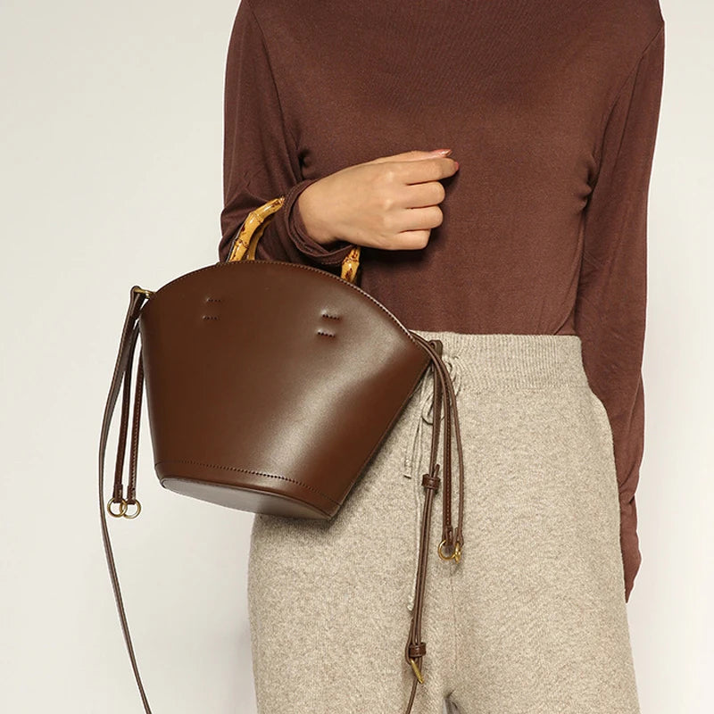 Women's Genuine Leather Tote Bag - Round Wooden Handles Minimalist Shoulder Bag
