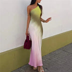Tie Dye Satin Midi Dress One-Shoulder Backless Evening Dress