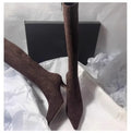 Pointed Toe Knee-High Boots - Square Heel Side Zip Suede Boots for Women