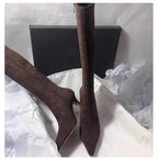 Pointed Toe Knee-High Boots - Square Heel Side Zip Suede Boots for Women