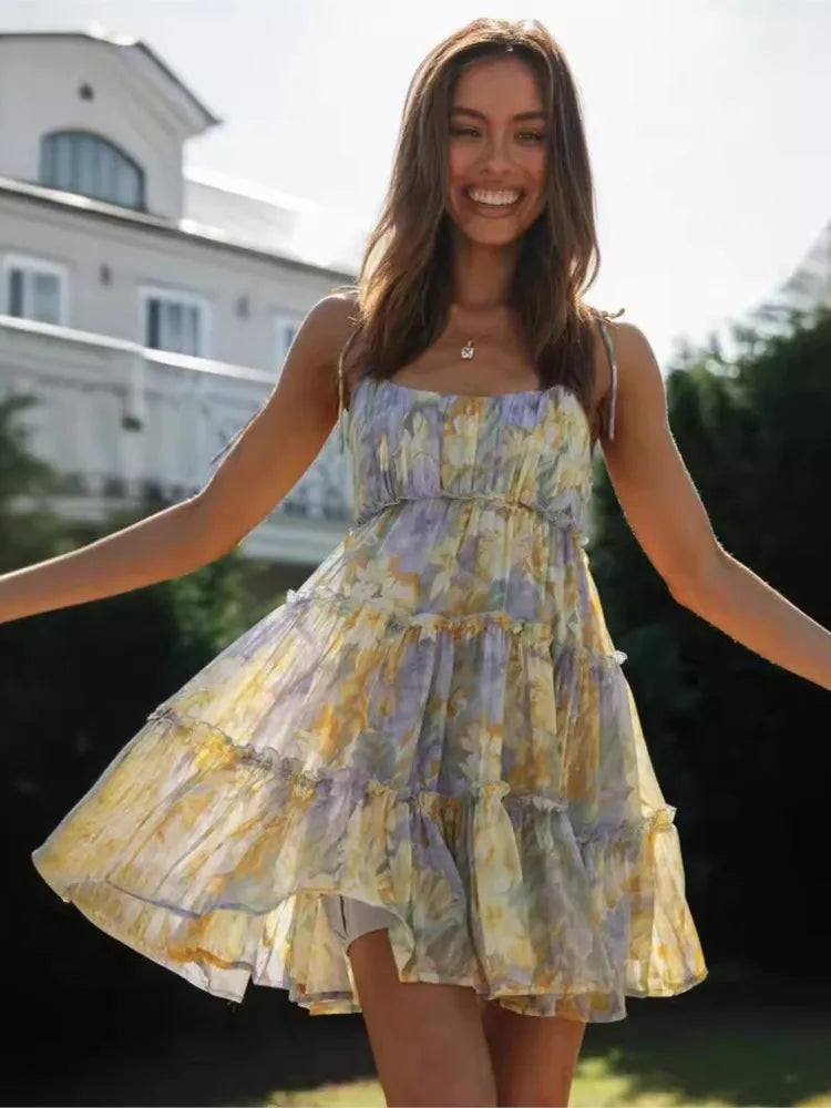 Floral Chiffon Spaghetti Strap Mini Dress - Backless Bow Vacation Dress for Women