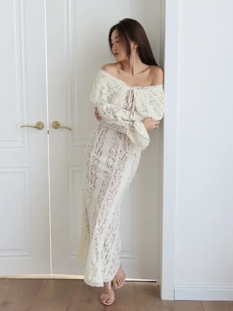 Women's Lace Flare Sleeve Mermaid Dress - Off Shoulder Elegant Floor-Length Gown