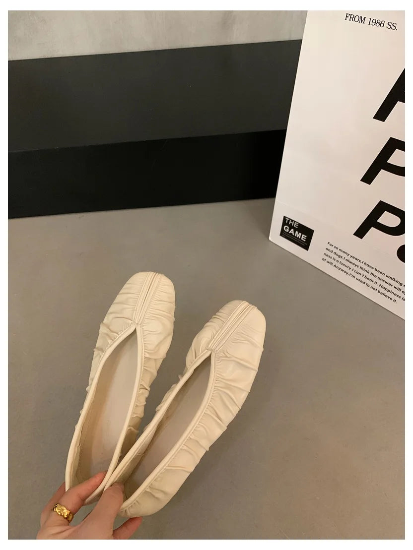 Pleated Square Toe Loafers - Soft Ballerina Flats for Women