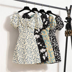 Women's Floral Chiffon Mini Dress - Puff Sleeve V-Neck Casual Dress