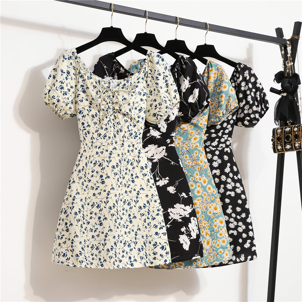 Women's Floral Chiffon Mini Dress - Puff Sleeve V-Neck Casual Dress