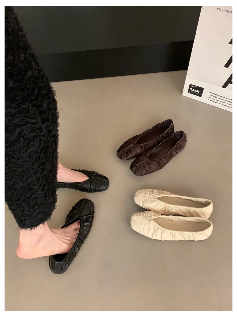 Pleated Square Toe Loafers - Soft Ballerina Flats for Women