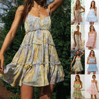 Floral Chiffon Spaghetti Strap Mini Dress - Backless Bow Vacation Dress for Women