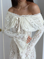 Women's Lace Flare Sleeve Mermaid Dress - Off Shoulder Elegant Floor-Length Gown