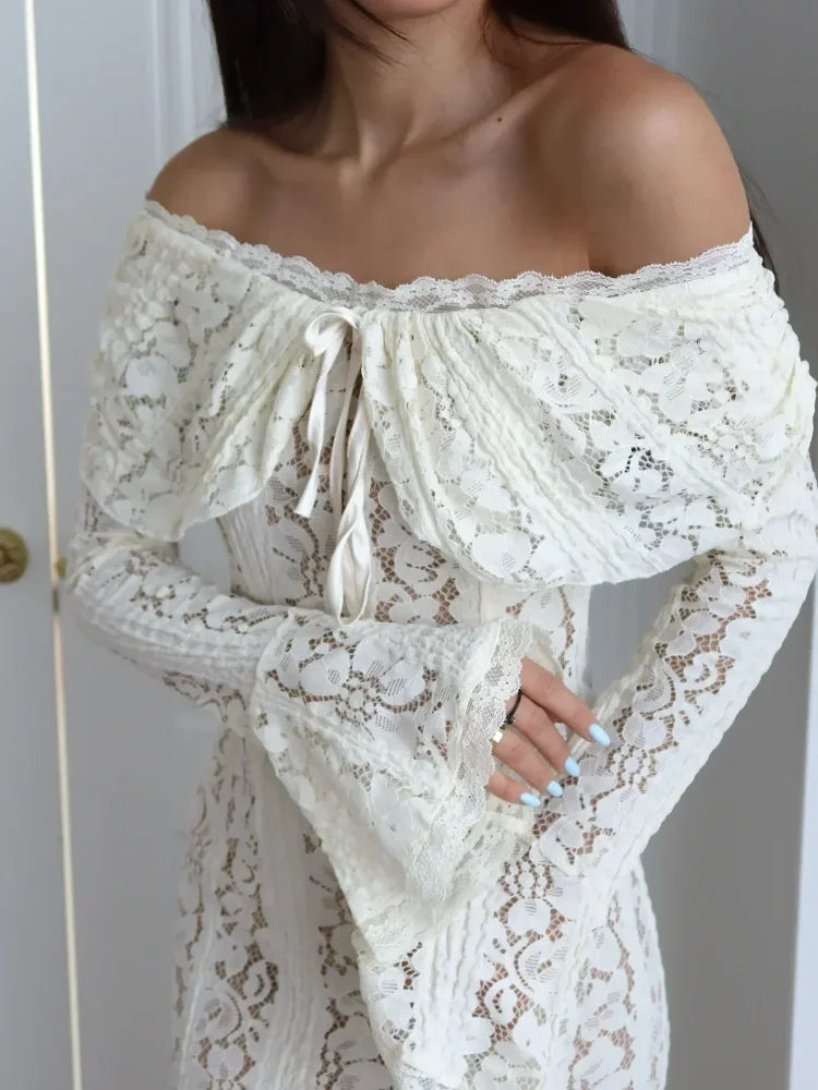 Women's Lace Flare Sleeve Mermaid Dress - Off Shoulder Elegant Floor-Length Gown