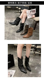 Retro Western Cowboy Boots - Pointed Toe Block Heel Mid-Calf Boots for Women