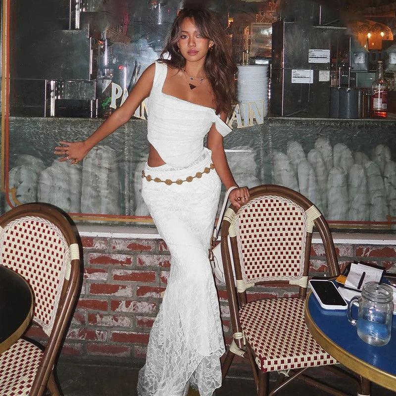 Women's 2-Piece Lace Corset Top and Maxi Skirt Set - Elegant Formal Event Dress