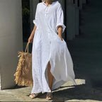 Women's Cotton Linen Maxi Dress - Loose Button Casual Dress