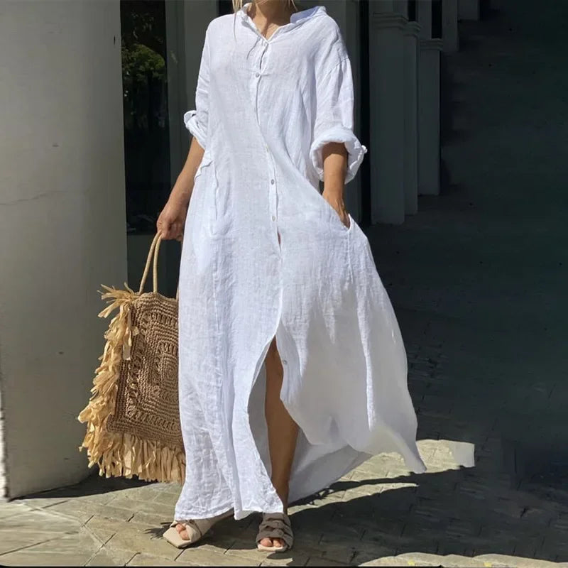 Women's Cotton Linen Maxi Dress - Loose Button Casual Dress