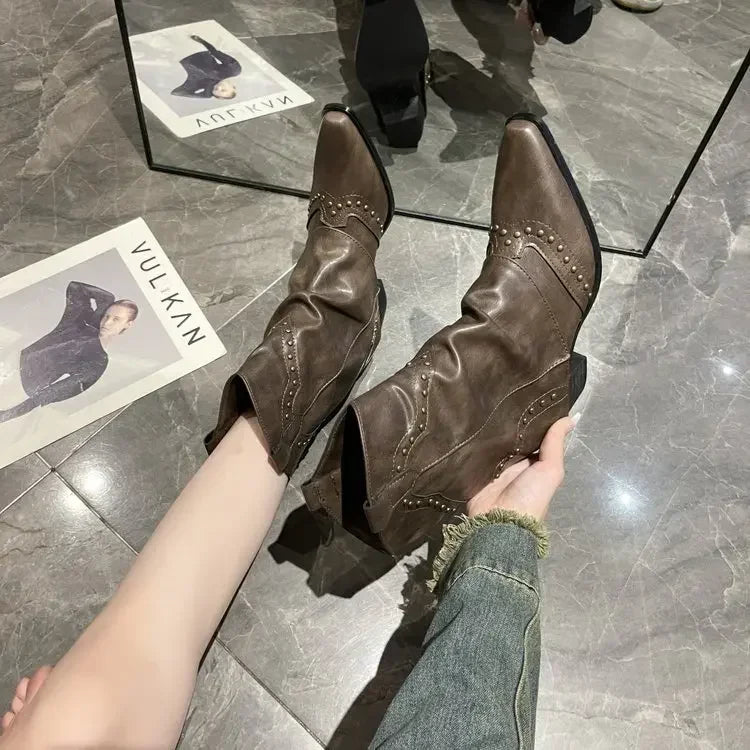 Retro Western Cowboy Boots - Pointed Toe Block Heel Mid-Calf Boots for Women