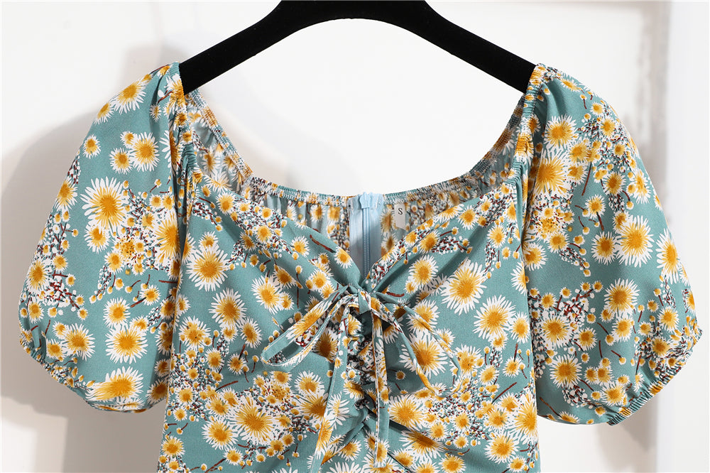 Women's Floral Chiffon Mini Dress - Puff Sleeve V-Neck Casual Dress