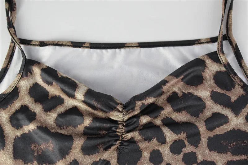 Women's Leopard Print Maxi Dress - Spaghetti Strap High Slit Sleeveless Dress