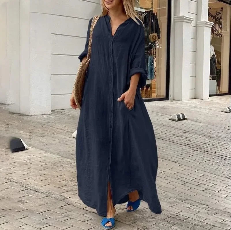 Women's Cotton Linen Maxi Dress - Loose Button Casual Dress