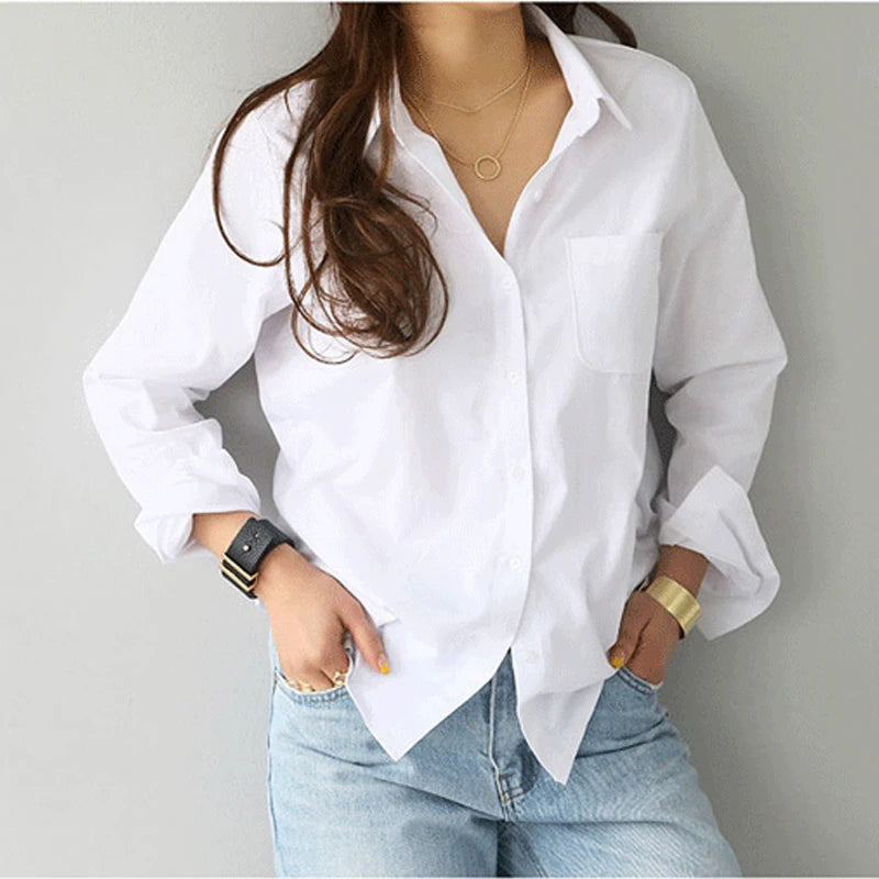 Classic White Cotton Blouse - Long Sleeve Button-Down Shirt for Women