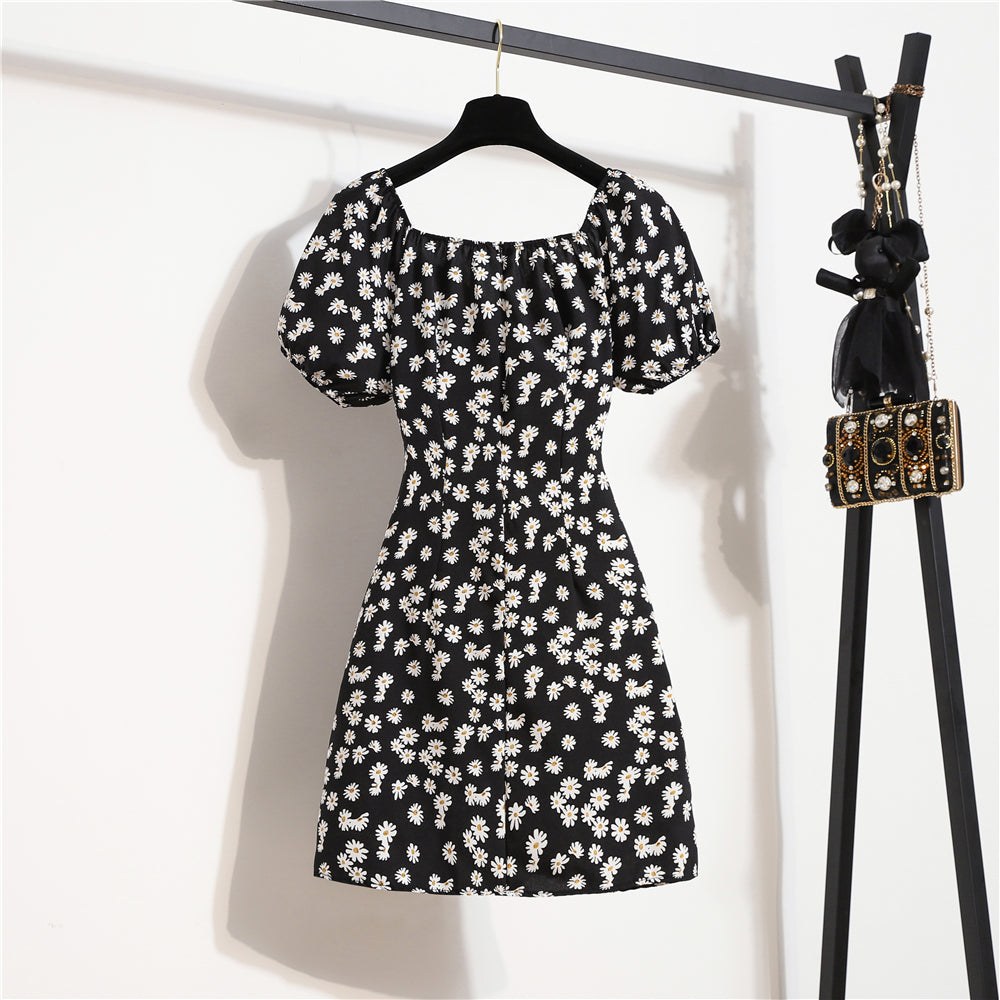 Women's Floral Chiffon Mini Dress - Puff Sleeve V-Neck Casual Dress