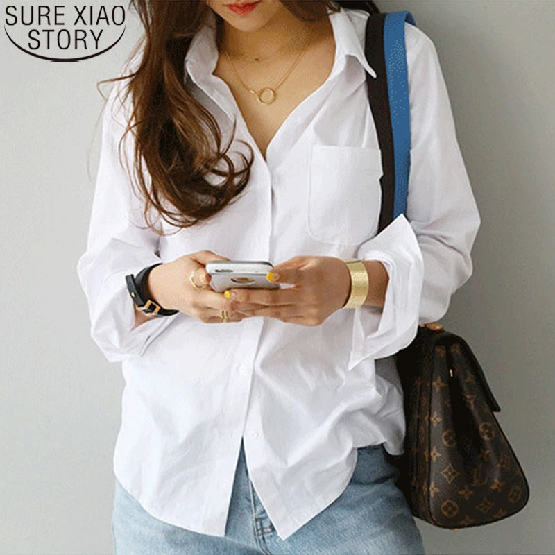 Classic White Cotton Blouse - Long Sleeve Button-Down Shirt for Women
