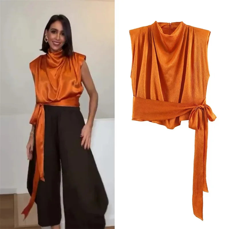 Satin Ribbon Sleeveless Top - Elegant Chic Tank Top for Women