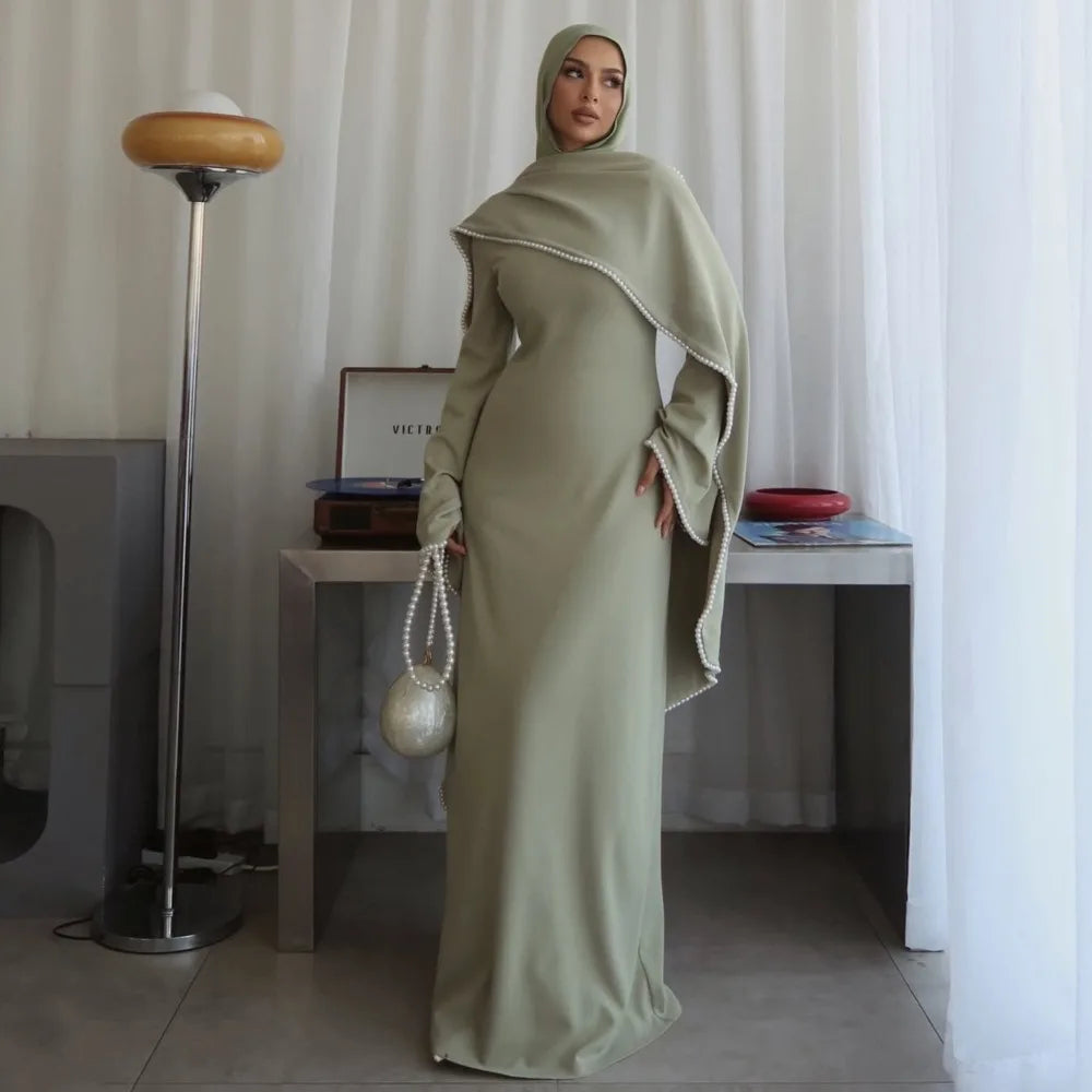 Beaded Satin Party Abaya - Diamond Caftan Robe for Women