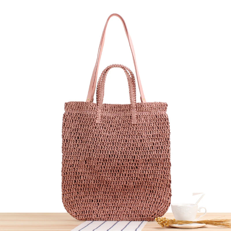 Women's Large Handwoven Straw Tote Bag - Rattan Beach Shoulder Shopper Bag