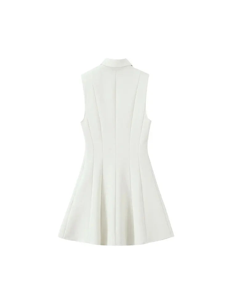Women's Button-Front Lapel Mini Dress - Sleeveless A-Line Casual Dress