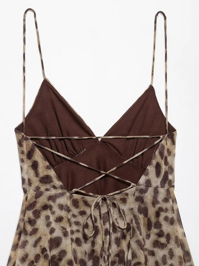 Leopard Print Slip Mini Dress - Backless Spaghetti Strap Party Dress for Women