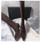 Pointed Toe Knee-High Boots - Square Heel Side Zip Suede Boots for Women